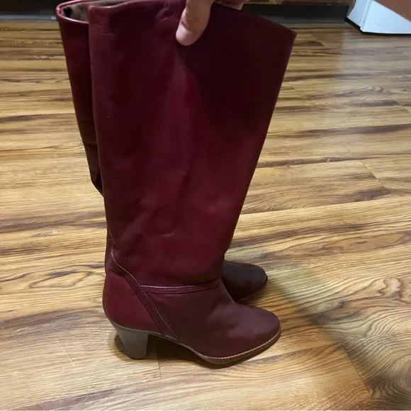 Vintage Leather Cone Heel Knee High Boots Wood Stack Heel Thom McAn Red 10B - Picture 3 of 10
